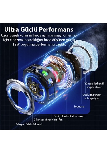 15w Manyetik Klipsli Seramik Telefon Soğutucu Fan Oyun Gaming Youtube Yayını İçin Memo