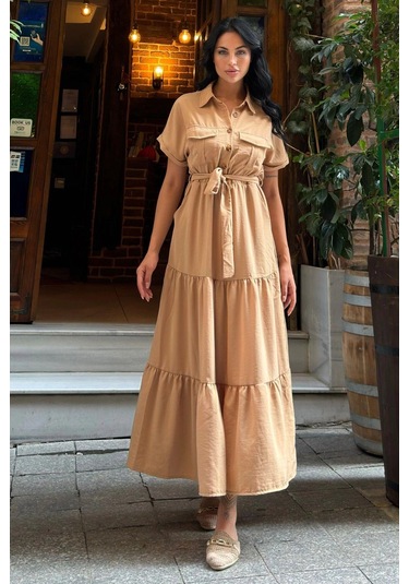 Camel Pliseli Cepli Maxi Kupra Elbise Taş