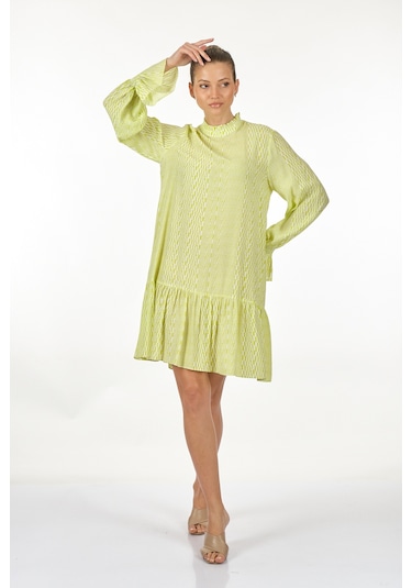 Perspective Dik Yaka Uzun Kollu Ekru Misket Limonu Kadın Elbise 2 001