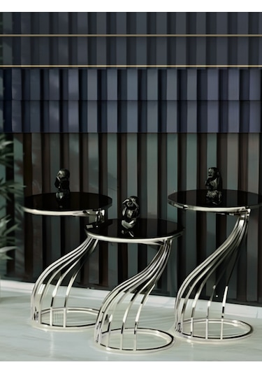 3'lü Jura Zigon Sehpa Seti Gümüş Ayak Siyah Cam Gümüş-siyah