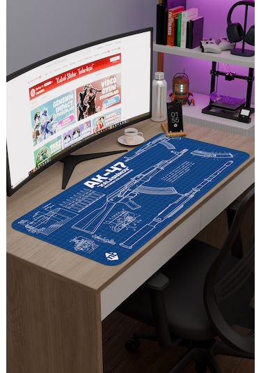 Ak 47 Siyah Kalaşnikov Cs Dikişli Kauçuk Oyuncu Mousepad - 90x40 Gaming Mouse Pad Ak-47 Mavi