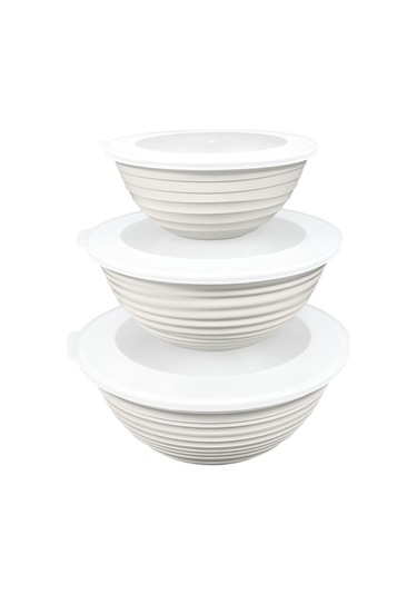 Ceronni Galaksi Desenli Kapaklı Kase 3lü Set 3lt 2lt 1lt Beyaz Beyaz