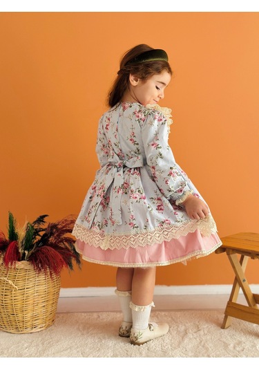 Mavi Çiçekli Önü Fiyonklu Vintage Elbise, Özel Dikim Çocuk Elbisesi, Doğum Günü Elbisesi,0-12 Yaşa Uygun Mavi