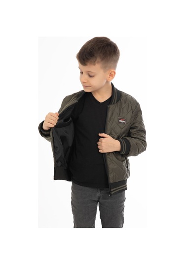 Erkek Çocuk Haki Kolej Yaka İçi Astarlı Su Ve Rüzgar Geçirmez Fermuarlı Cep Mont Haki