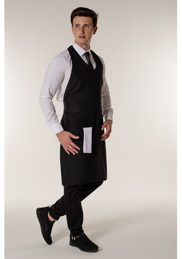 Siyah Garson Kafe Restoran Yelekli Askılı Önlük-Siyah