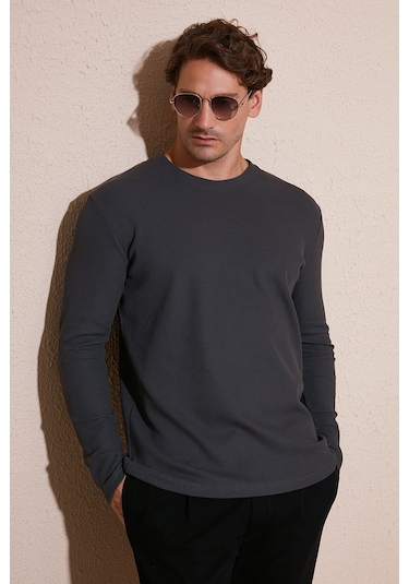 Buratti Pamuklu Bisiklet Yaka Slim Fit Basic Erkek Sweat 5905073 Antrasit