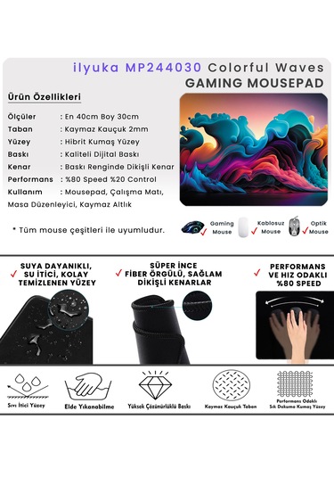 İlyuka 40x30cm Gaming Oyuncu Mousepad Colorful Waves Mp244030