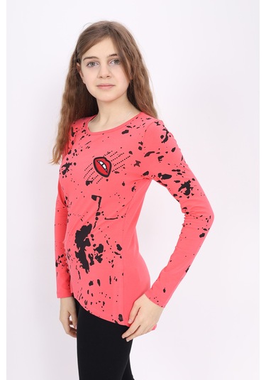 Toontoy Kız Çocuk Sweatshirt Lazer Kesim Dudak Nakışlı Nar Çiçeği