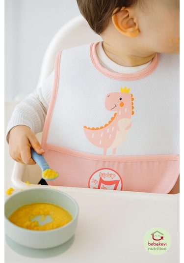 Düdüklü Cepli Sıvama Mama Önlüğü - Sevimli Dino Bebek Önlüğü Açık Pembe