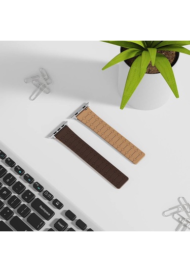 iOs Watch Uyumlu  7 45mm Zore Krd-111 Çizgili Desenli Silikon Kordon-kahverengi