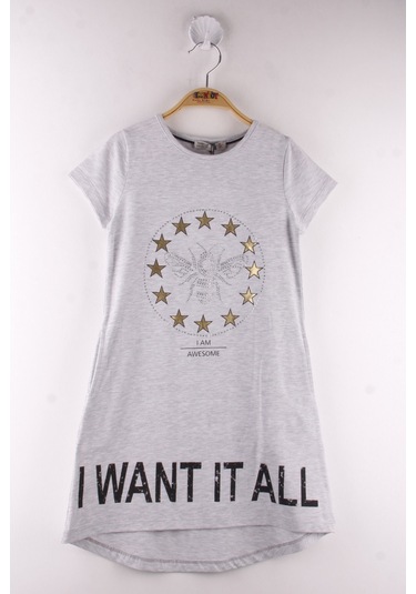 Toontoy Kız Çocuk I Want It All Baskılı Elbise Gri Melanj