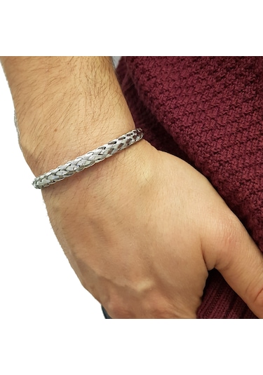 Ehediye Chavin Gri Örgü Kelepçe Çelik Erkek Bileklik Ec53By Altın
