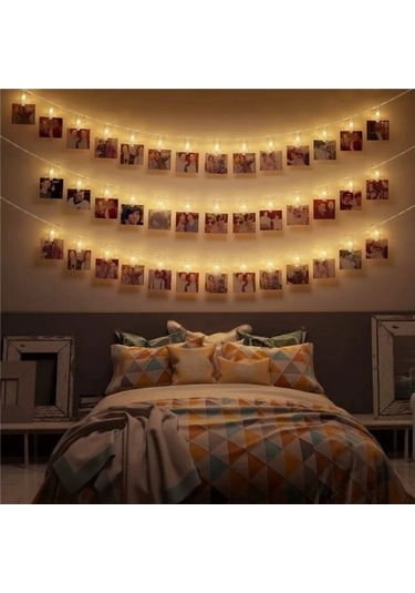 Mobgift Şerit Led Işıklı Fotoğraf Mandalları 3 Metre 20 Li Şeffaf Sarı