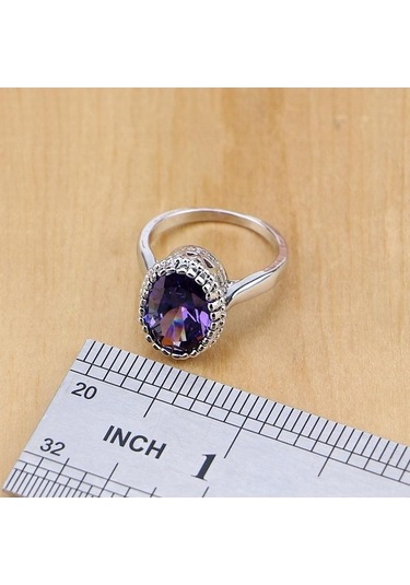Novahub Gümüş Renk Beyaz Kristal Mor Kübik Zirkonya Takı Seti Kadınlar İçin 4 Adet, Gelin Takı Seti, Küpe, Kolye, Yüzük, 7 Halka Boyutu Mor