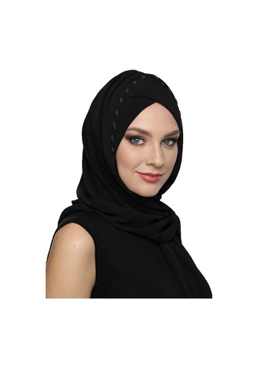 Şallı Takmatik Taşlı Siyah Hazır Türban Tesettür Bone Namaz Örtüsü Siyah