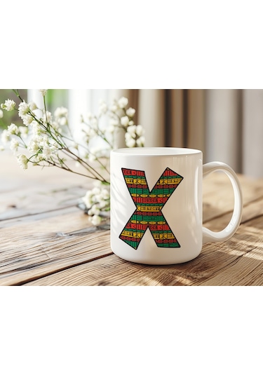 X Harfi Etnik Desenli Kupa - Afrika Tarzı Kahve Çay Kupası - Hediyelik - Black History Beyaz