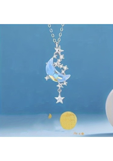 Şık Ve Zarif Yıldız Ve Ay Kolye Gümüş