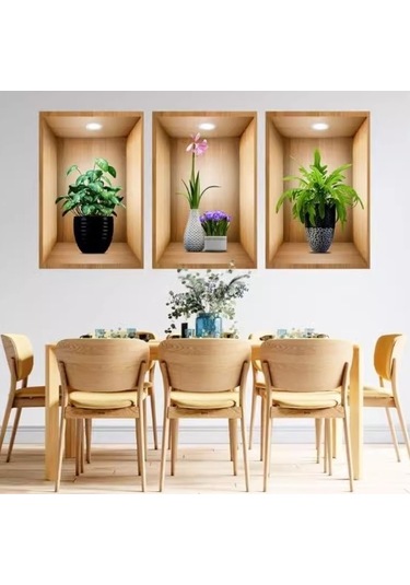 3d Çiçek Vazo Duvar Sticker 3 Lü Set Kahverengi Fon 5060 Çok Renkli