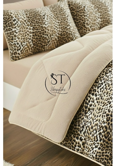 Çift Kişilik Leopar Welsoft Yorgan Çift Taraflı 195x215 Kahverengi