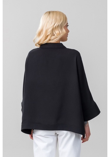 Kadın Gömlek Yakalı Yaka İndigo Mavi Kol Ucu Manşetli İnce Kot Kumaş Bluz Siyah