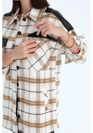 Deri Garnili Ekose Cepli Gömlek - Vizon-vizon Vizon