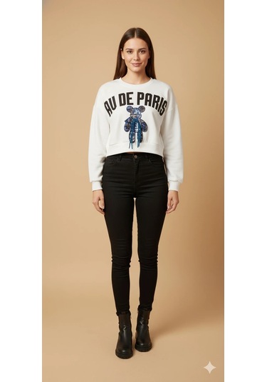 Kadın Ayı Figürlü Crop Sweat Payetli Teddy Bear İpli Detaylı Yazılı Yuvarlak Yaka Kısa Swat Ekru