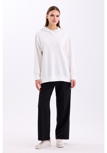 Pastelastore Pamuklu Kapüşonlu 2 İplik Baharlık Oversize Sweatshirt Ekru