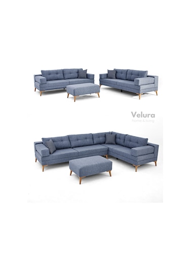 Zeri Yataklı Puzzle Modüler Köşe Koltuk Takımı & Puflu Köşe Takımı - Mavi - 119 Mavi