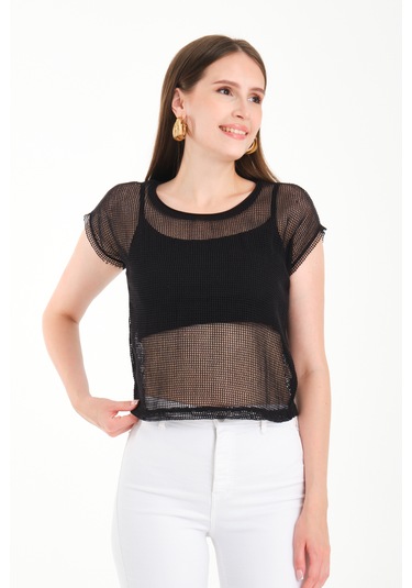 Japone Kol Kare File Bluz Siyah