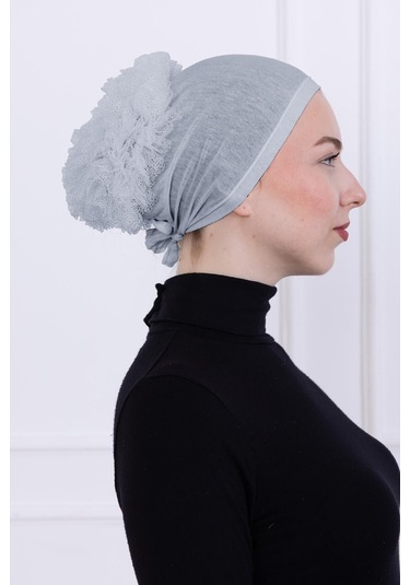 Fırfırlı Önden Dikişli Penye Bone - Kadın Tesettür Bağlamalı Topuz İç Bone-açık Gri Açık Gri