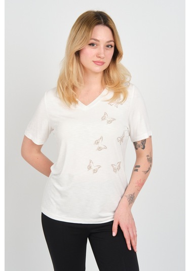 Ella Camelia Kadın Kelebek Şekilli Taş Süslemeli V Yaka Kısa Kollu Bluz 24e047 Ekru Ekru