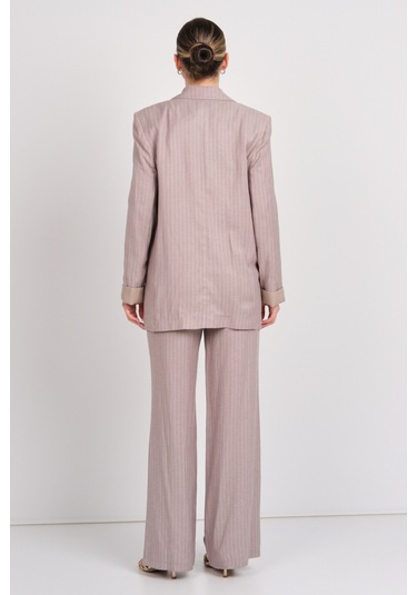 Ayhan Kadın Çizgili Cepli Keten Pantolon 1197 Kahverengi Kahverengi