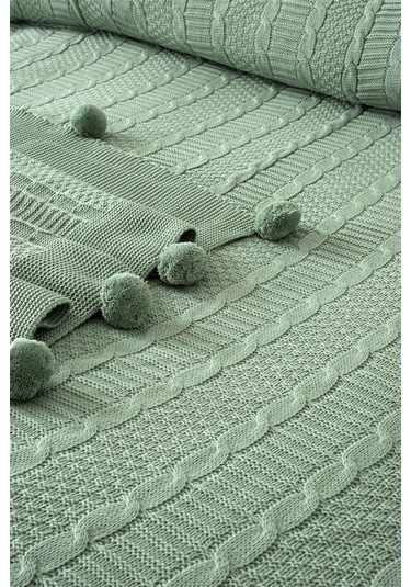 Tek Kişilik Ponponlu Triko Örme Battaniye - Yumuşak Doku & Şık Örgü Tasarım - Mint Yeşili Mıntyesılı Mint Yeşili