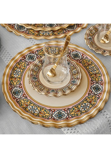 Glore Gisele Altın Yaldızlı Cam 28 Parça Çay İkram Takımı Full Set Renkli