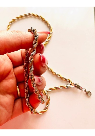Vercetti Gümüş Ve Altın Kalın Burgu Çelik Kolye Bileklik Set 3 MM Altın