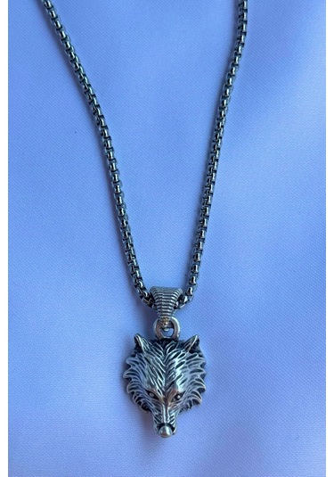 Kurt Kafası İşçiliği Paslanmaz Çelik Zincir Erkek Kolye Gümüş