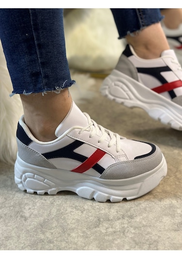 Günlük Kadın Sneaker Kalın Yüksek Taban Bağcıklı Rahat Tiger Şeritli Spor Ayakkabı 032 11-taş Laci Kırmızı