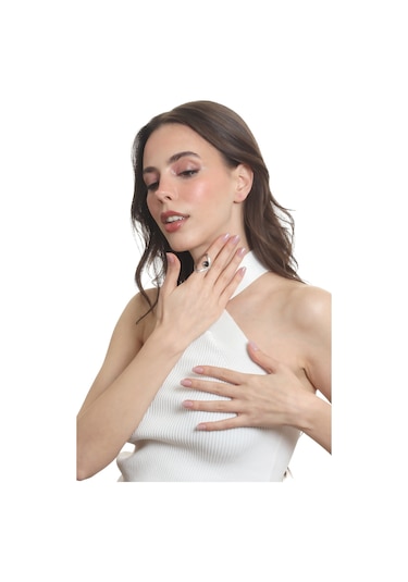 Labalaba Kadın Lak Gümüş Renk Kaplama Doğaltaşlı Ayarlanabilir El Yapımı Tasarım Yüzük Gümüş - Siyah