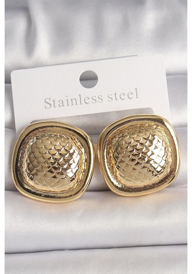 Pirinç Gold Renk İşlemeli Kare Model Kadın Küpe Çok Renkli