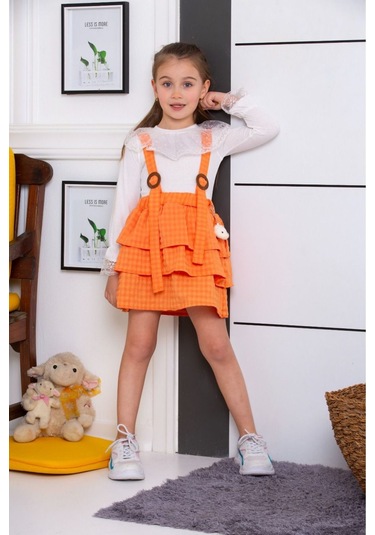 Yaka Detaylı Badi Salopet Çocuk Elbise Turuncu