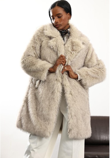 Bej Midi Boy Şal Yaka Kürk D99773 Bej