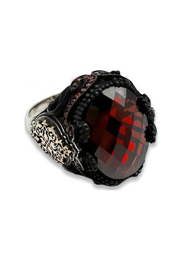 Agakulche Gümüş Erkek Kırmızı Taşlı Damask Desen Yüzük Gümüş