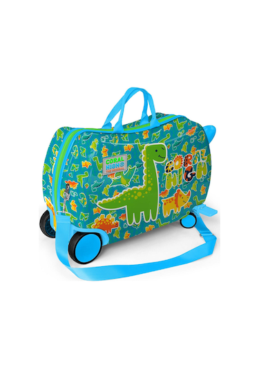 Coral High Kids Mavi Yeşil Dinozor Desenli Otur-çek Çocuk Valizi 16361 Yeşil