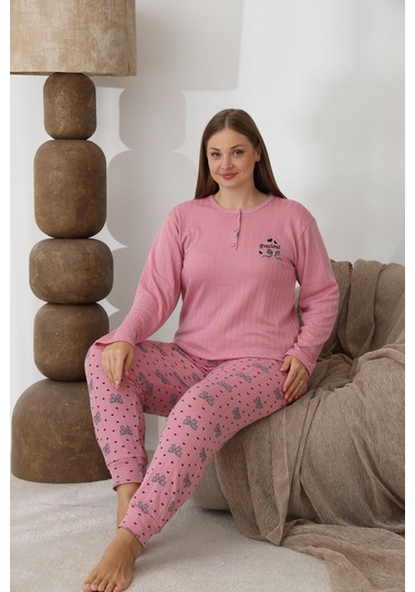 Lindros Kadın Pamuk'lu Düğme Yaka Raporlu İnterlok Kışlık Battal Pijama Takımı 0255 - 1 Adet Pembe