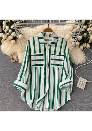 Novahub Yaz Yeni Orta Uzunlukta Dikey Çizgili Çok Renkli Gömlek Ceket Kadın Kore Tarzı Rahat Gevşek Üstler Yeşil - M Yeşil