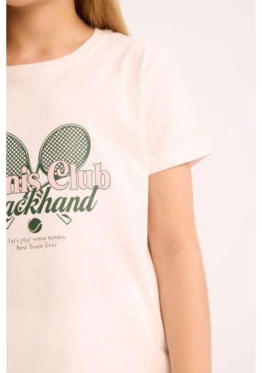 DeFacto Kız Çocuk Bisiklet Yaka Baskılı Kısa Kollu Tişört E0349A825SMWT34 Beyaz