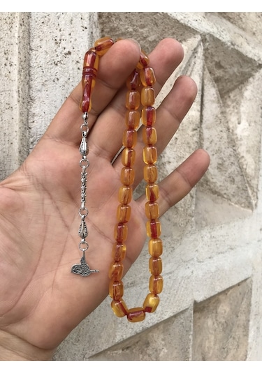 Yoğun Hareli Çift Püsküllü İran Bağası Toz Kehribar Tesbih