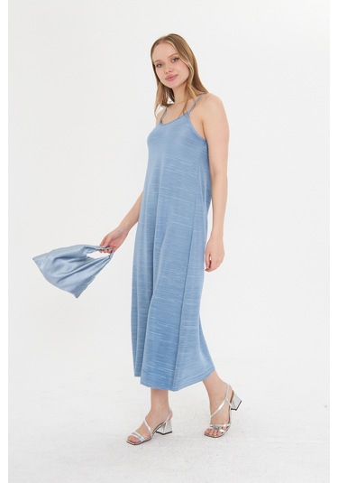 Gülkurusu Kadın Askılı Piliseli Elbise Mavi