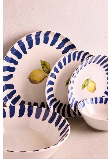 Limone Blu 27 Parça 6 Kişilik Seramik Yemek Takımı Limon Desenli Mavi Çizgili Sunum Seti Cokrenklı Çok Renkli