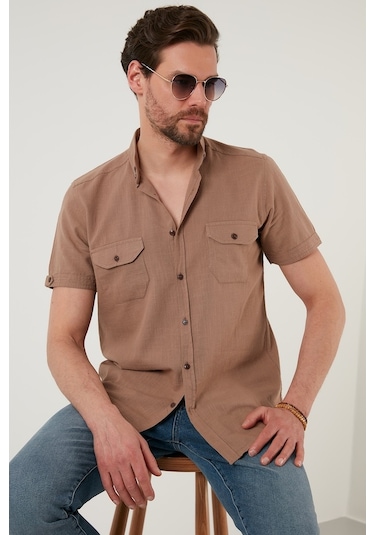 Buratti Düğmeli Yaka Pamuklu Slim Fit Cepli Erkek Gömlek Cf21S111153 Toprak